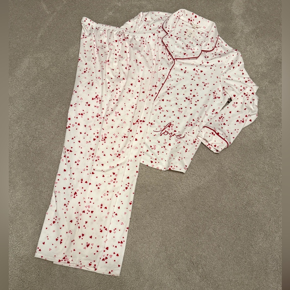 Laura Ashley XL Womens Heart Print Embroidered Love Pajama Set Red White Pink